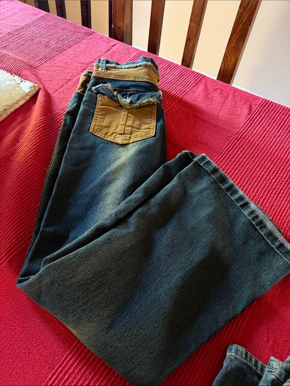 Candy Rocket rare find Distressed stretch jeans with courderoy patches. Fare leg